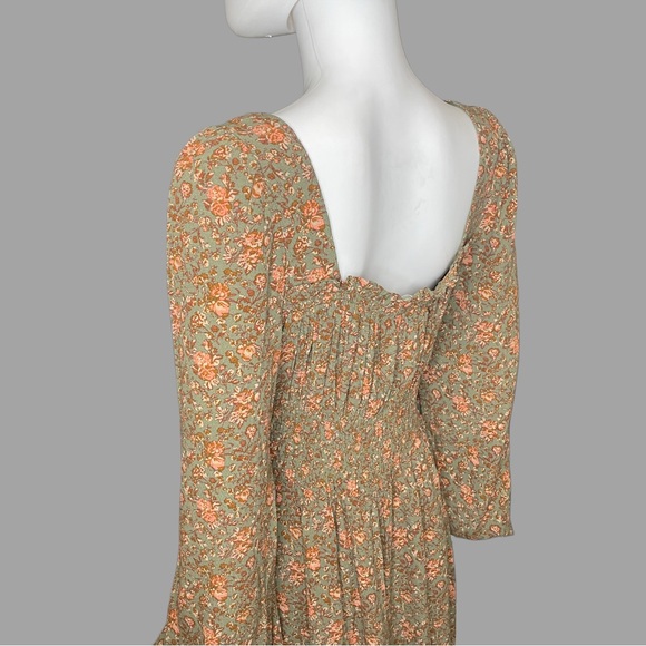 Treasure & Bond Olive- Brown Bohemian Floral Print Long Sleeve Midi Dress - Picture 3 of 6